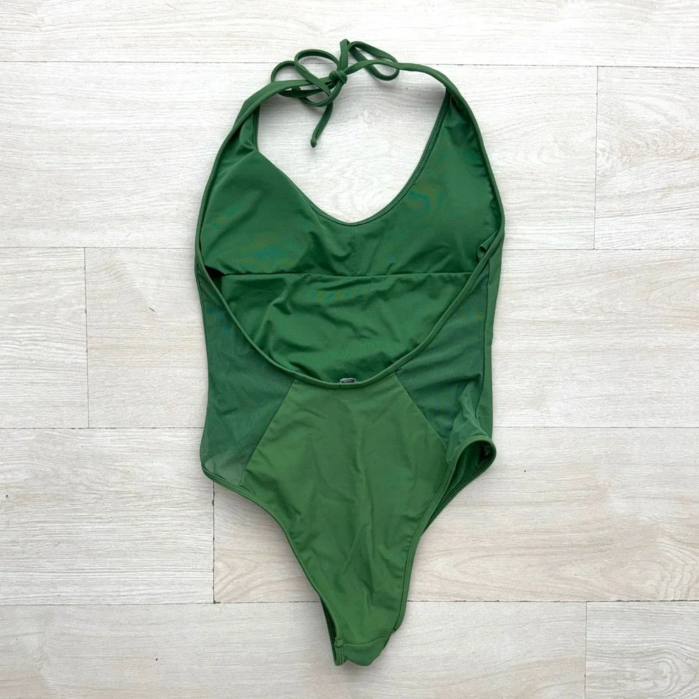 Aerie One Piece Swimsuit‎ Women Medium Green Halter Mesh Back High Leg